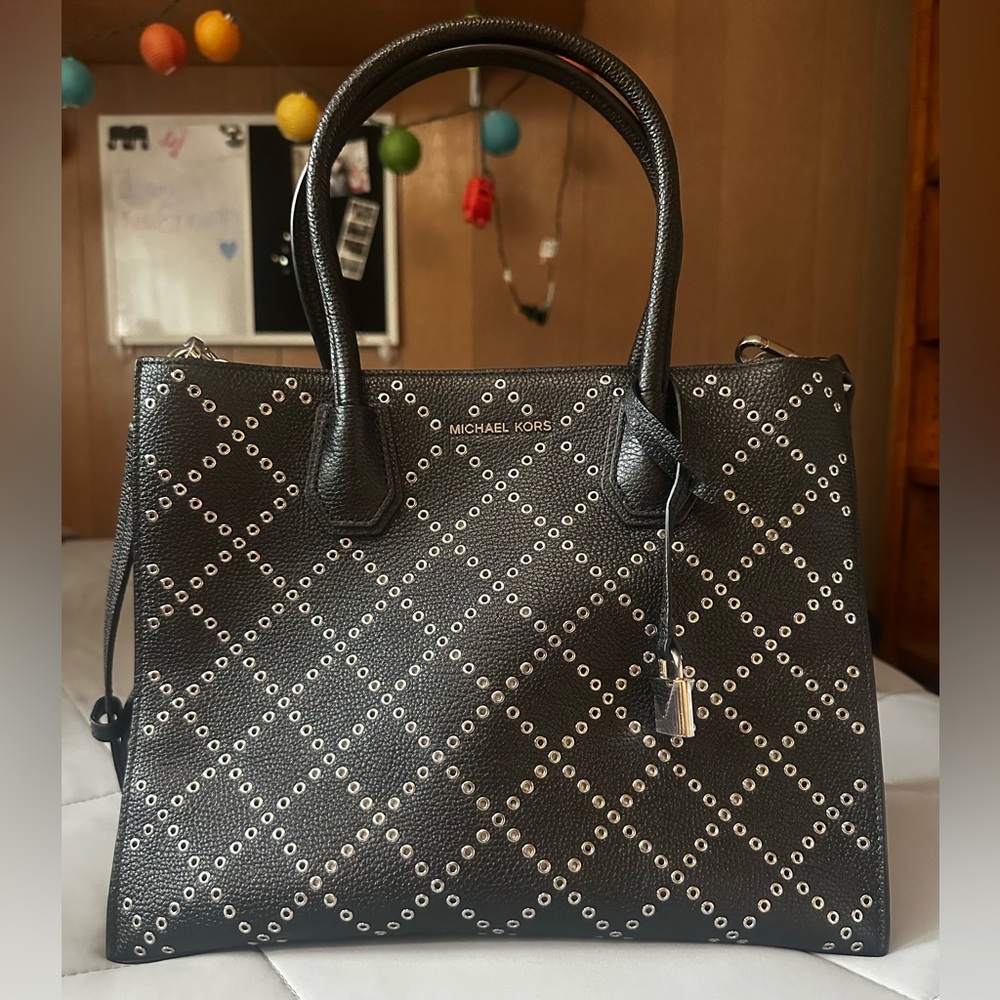 Michael Kors Studded Black Purse with Lock Keychain